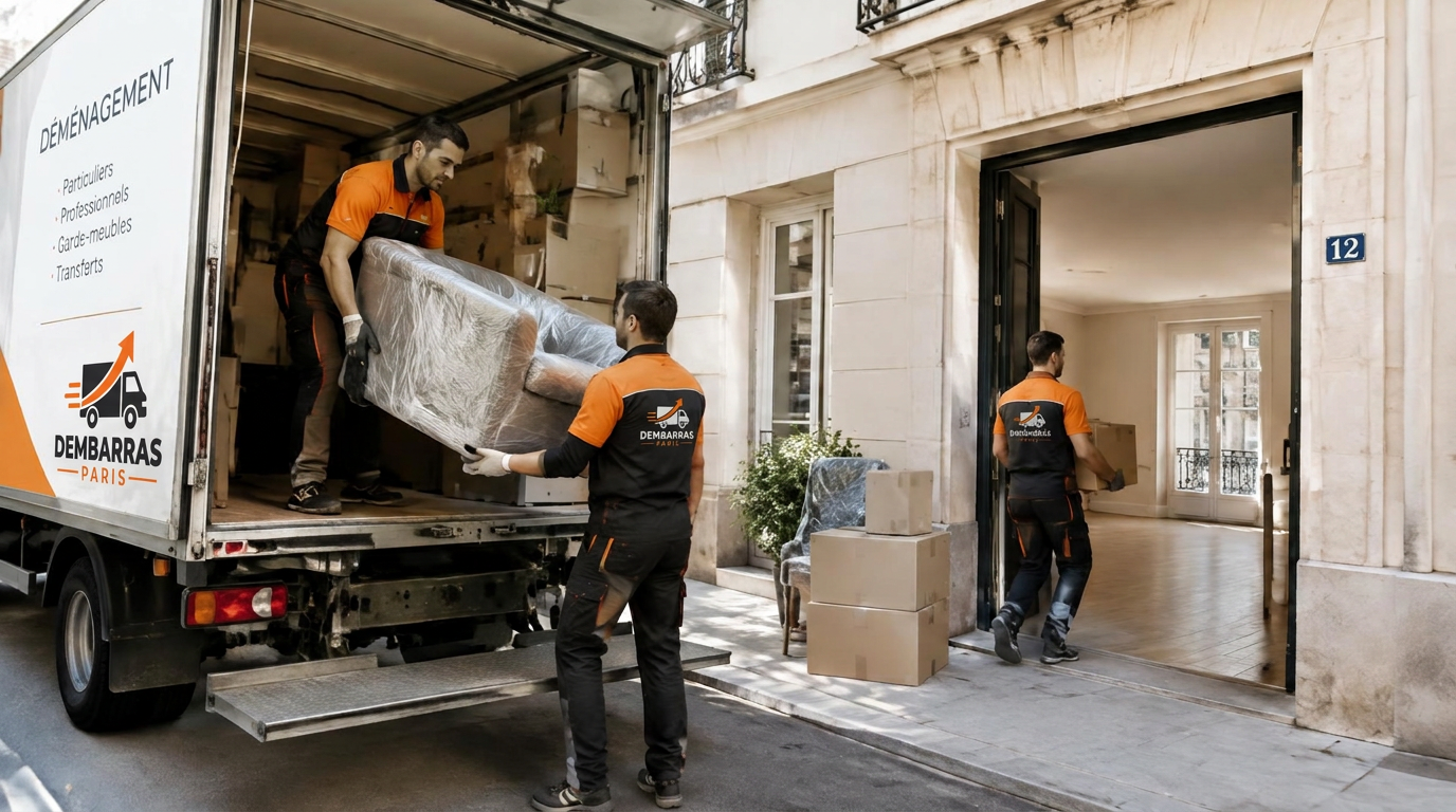 Équipe de débarras chargeant des meubles dans un camion